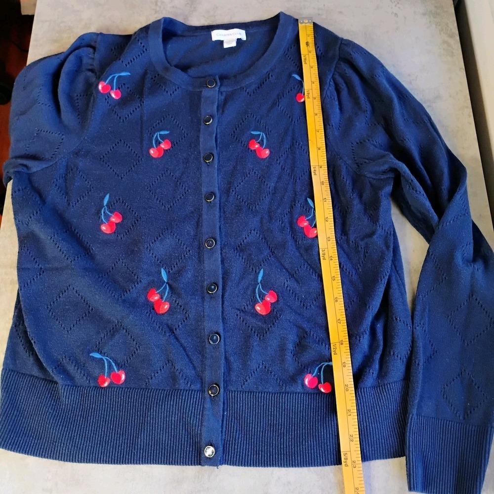 Charter Club Cherry Embroidered Cardigan Sweater Navy Blue Womens Large Twee - Picture 10 of 11